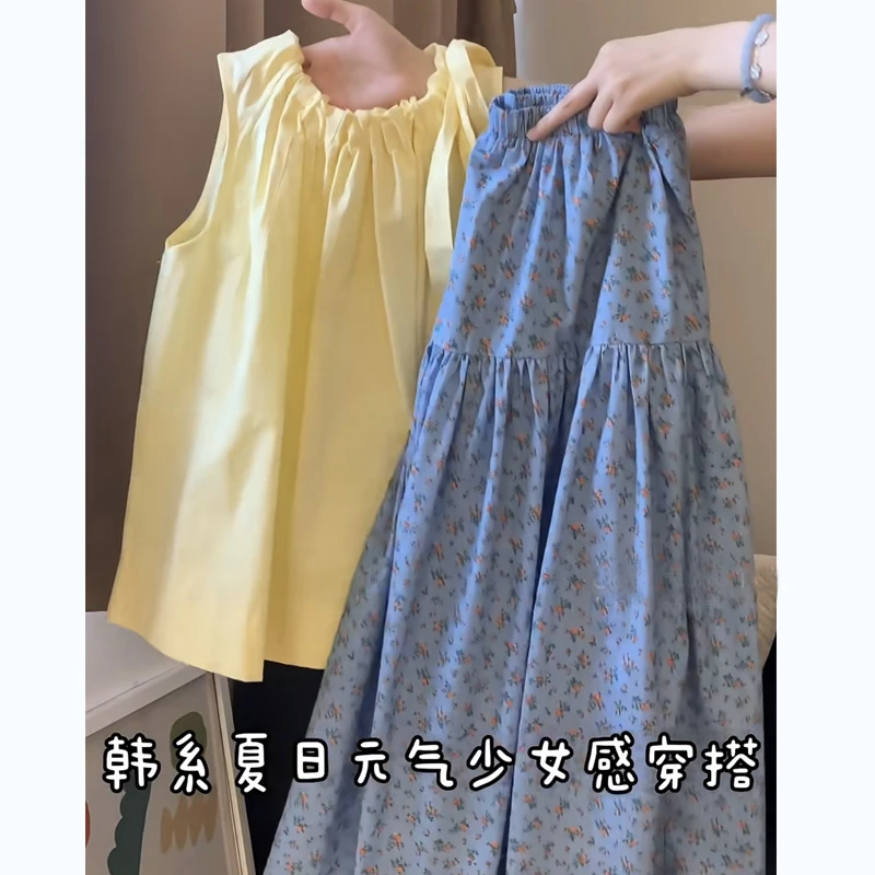 夏季穿搭一整套女2025新款洋气减龄无袖系带上衣碎花半身裙两件套
