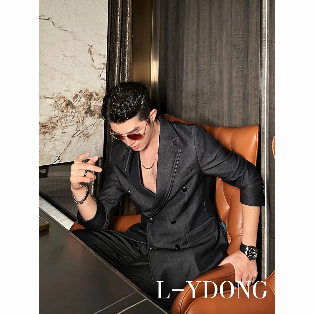 L-YDONG【枪灰布雷泽】老钱风轻奢英伦气质休闲拼皮西服西装23722