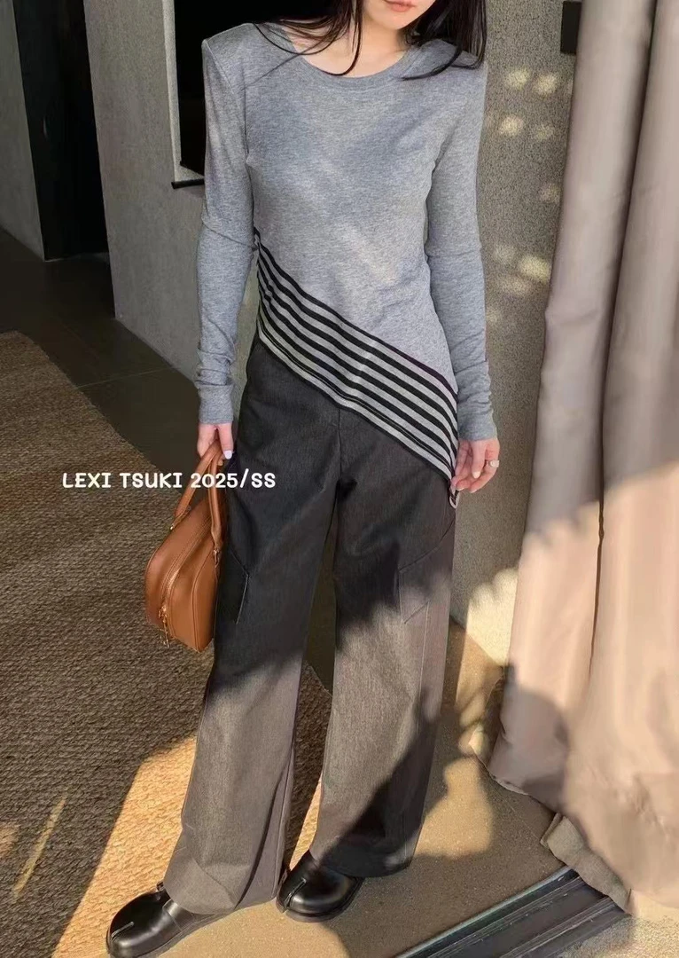 LEXI福秒（9LX7679#）时髦拼接 条纹不对称斜摆修身T恤9-618