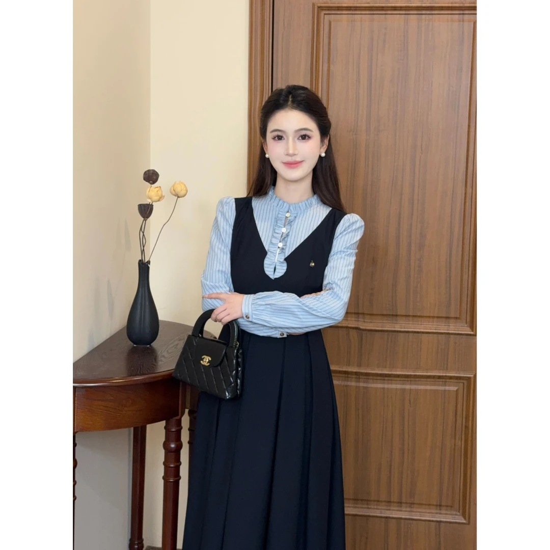 LiLi李李家【圣彼得学院】假两件学院风法式灰拼蓝连衣裙XMZH8536