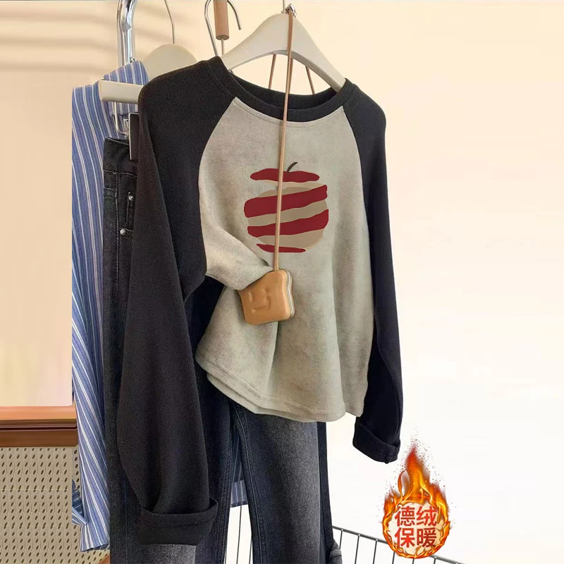 秋冬季磨毛德绒插肩袖T恤加厚保暖内搭长袖宽松撞色加厚圆领上衣
