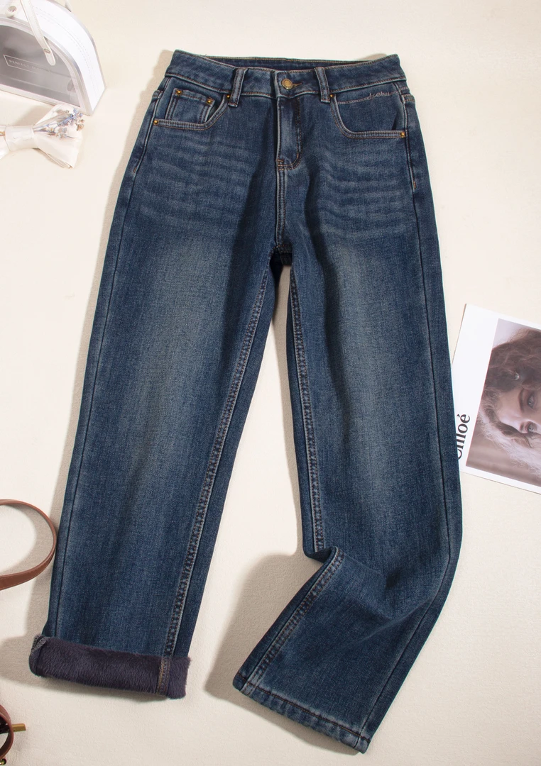 7556-1-腿直垂顺加绒烟管裤高腰显瘦直筒牛仔裤女冬修身法棍裤