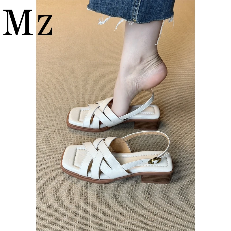 Mr.Zheng/4cm/粗跟黑色编织风露趾后空凉鞋2025夏款踩屎感女鞋