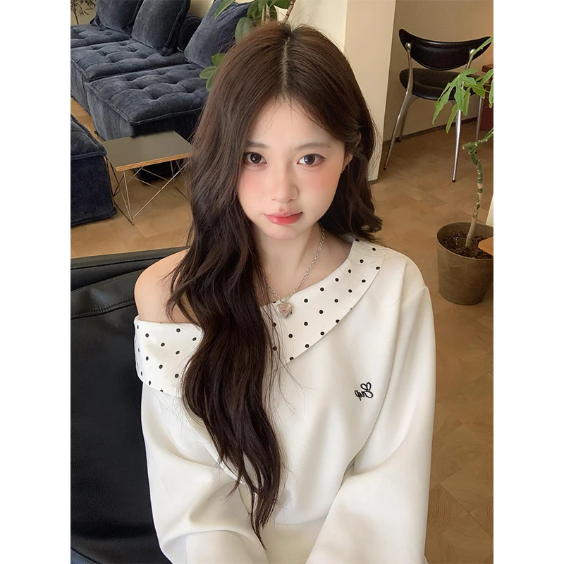 2025新款女士秋季斜肩波点拼接设计感修身显瘦上衣拼接波点半身裙