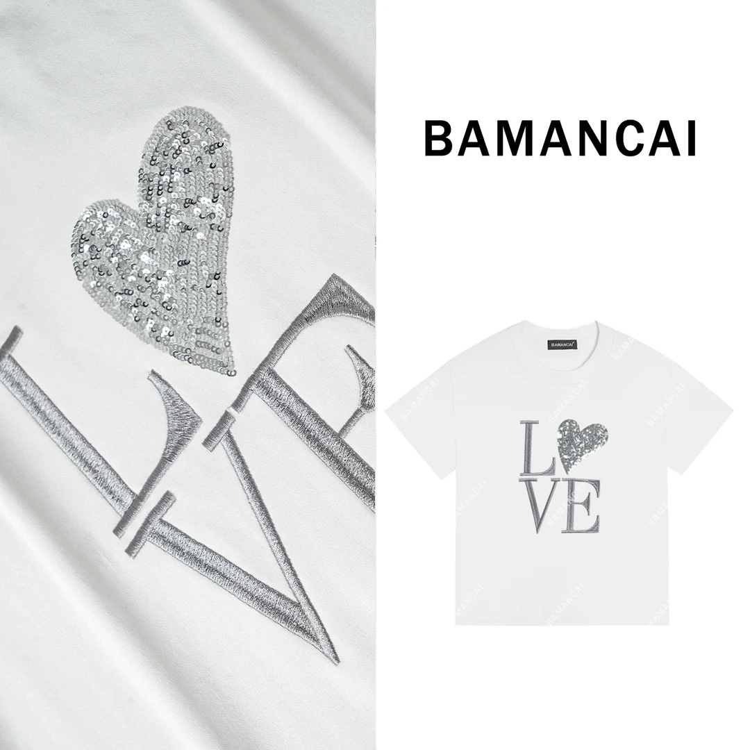 Bamancai-设计感小众爱心短袖T恤上衣女宽松百搭纯棉休闲女上衣
