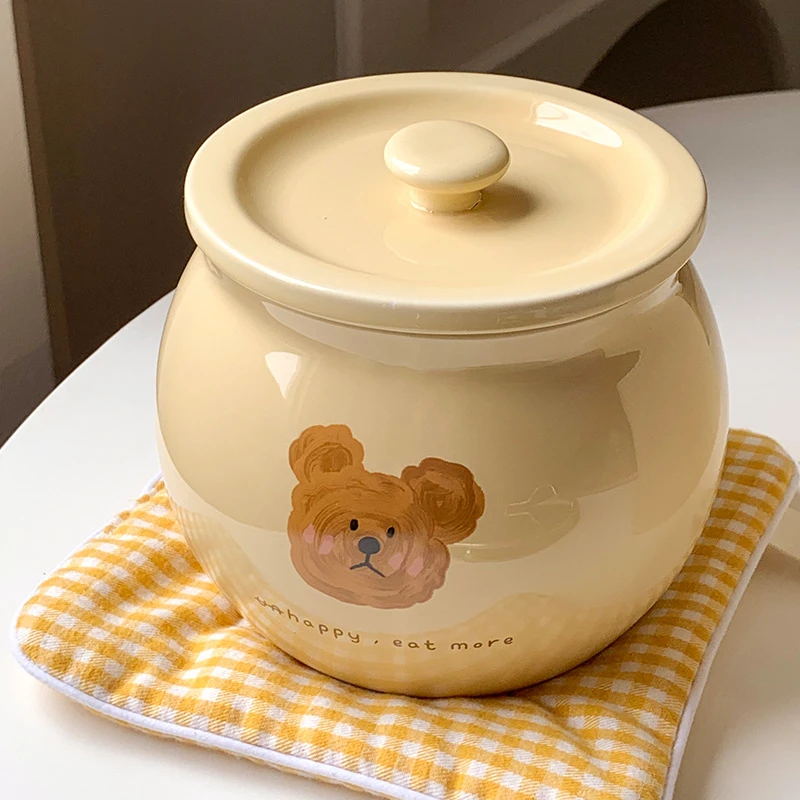 emo熊家用耐高温陶瓷猪油罐厨房红油罐子油泼辣子罐带盖勺调料罐