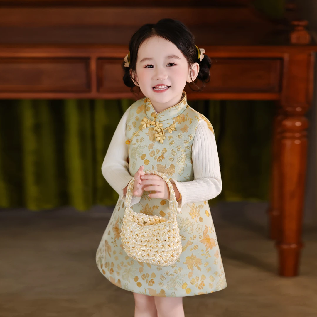 女童旗袍连衣裙2025新款秋冬儿童公主裙套装宝宝周岁生日宴礼服