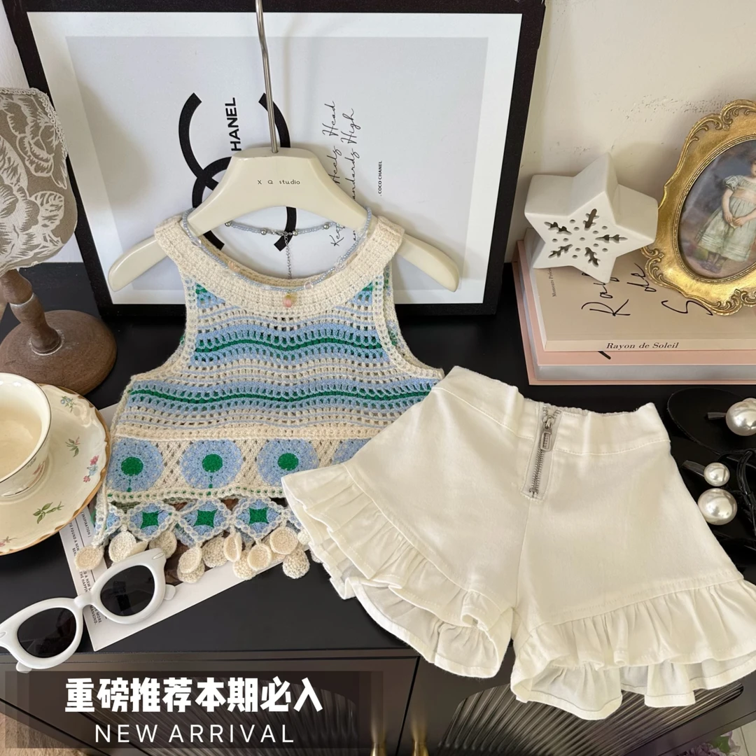 女童2024夏季度假风编织吊带+木耳边牛仔短裤套装C21511
