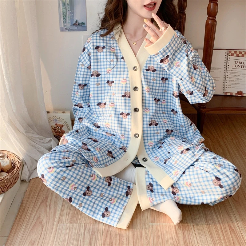 大码胖妹妹加肥300睡衣女士春秋季长袖薄款宽松卡通开衫200斤套装