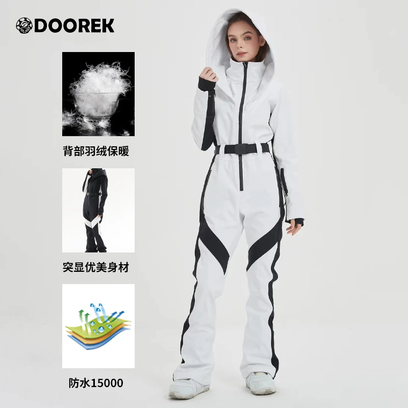 新款DOOREK连体滑雪服女套装修身显瘦单板双板保暖防水羽绒送腰带