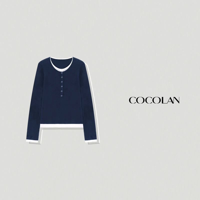 COCOLAN 春季圆领套头绵羊毛假两件长袖女拼接针织毛衣CL6MY733