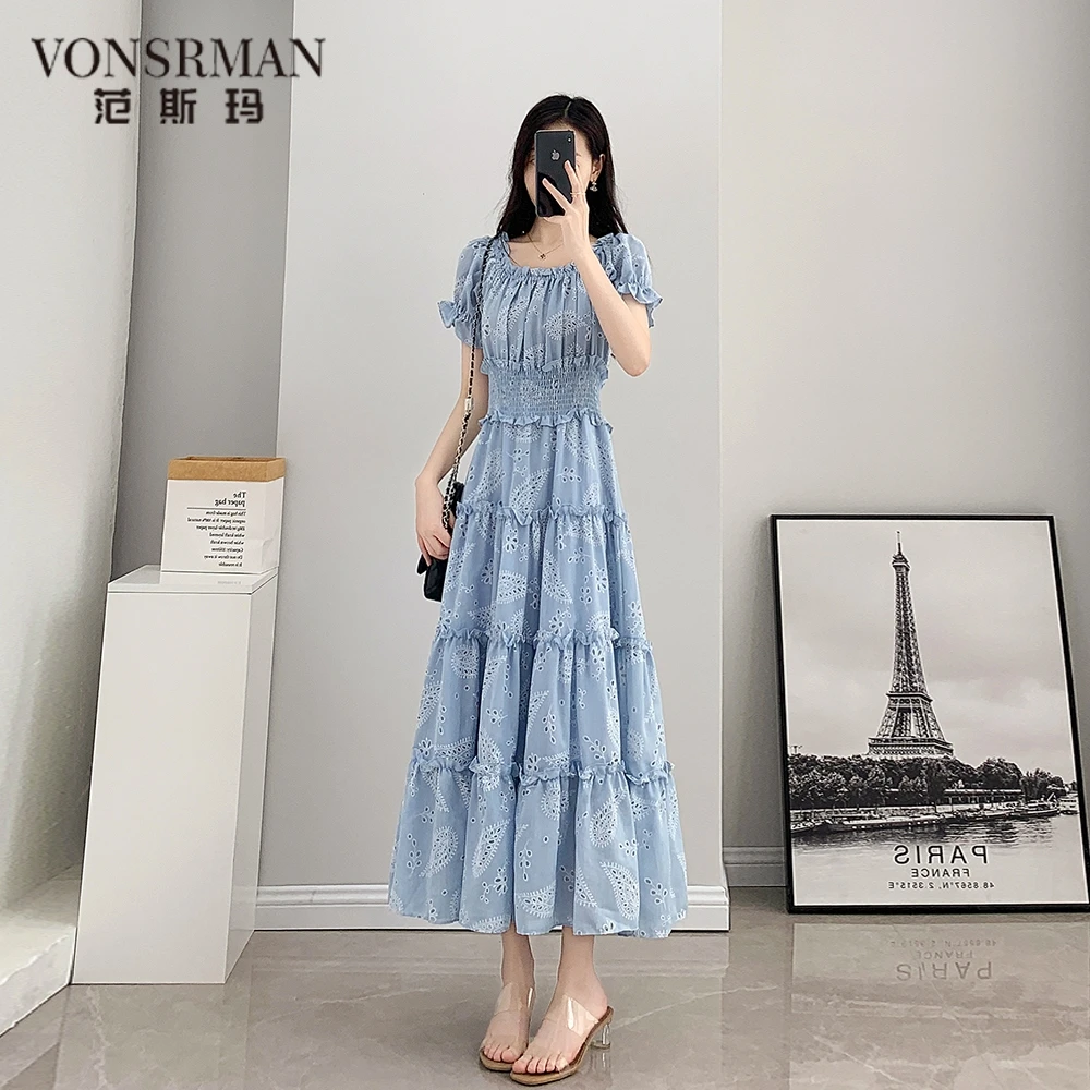 连衣裙女夏2025新款女装高级法式气质显瘦孔雀蓝小个子雪纺裙子女