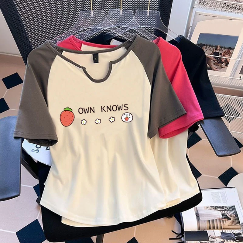 大码200斤复古港风小众撞色插肩袖V领正肩短袖t恤女卡通印花上衣