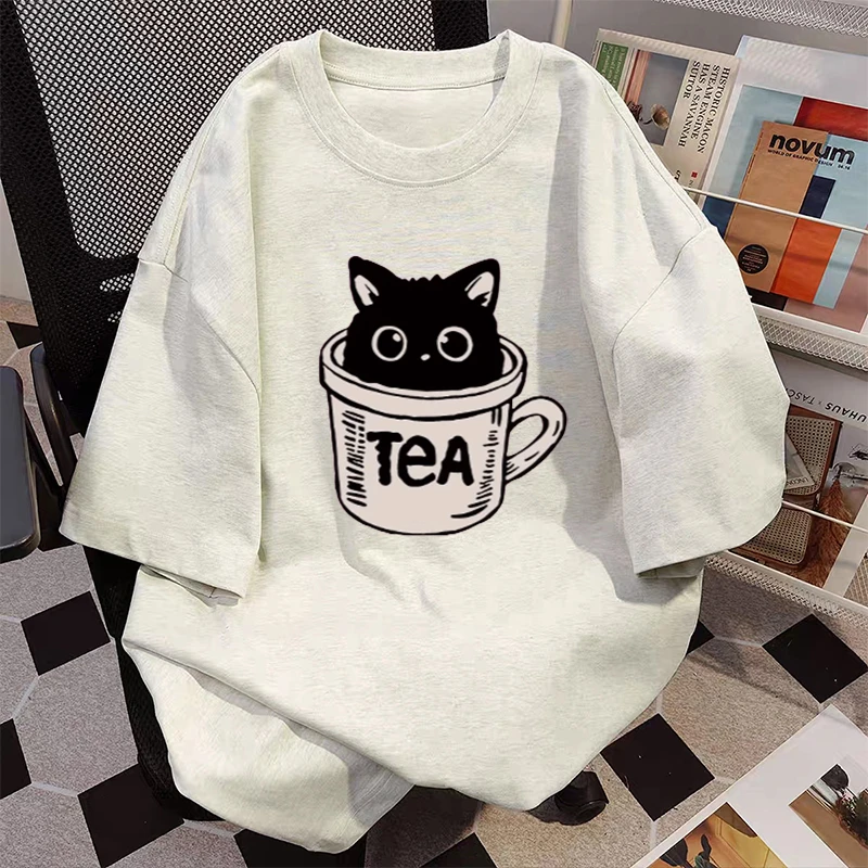猫咪印花短袖t恤女2025新款夏季爆款美式白灰体恤设计感宽松上衣