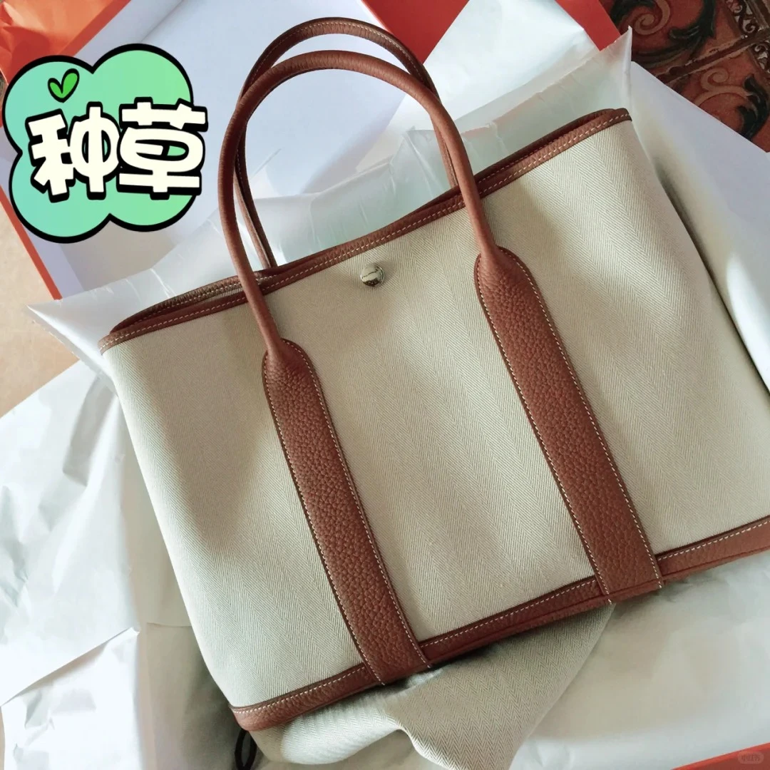 99新 Hermes/爱马仕 小花柳 花园包36 金棕色 NEGONA皮/帆布 B刻