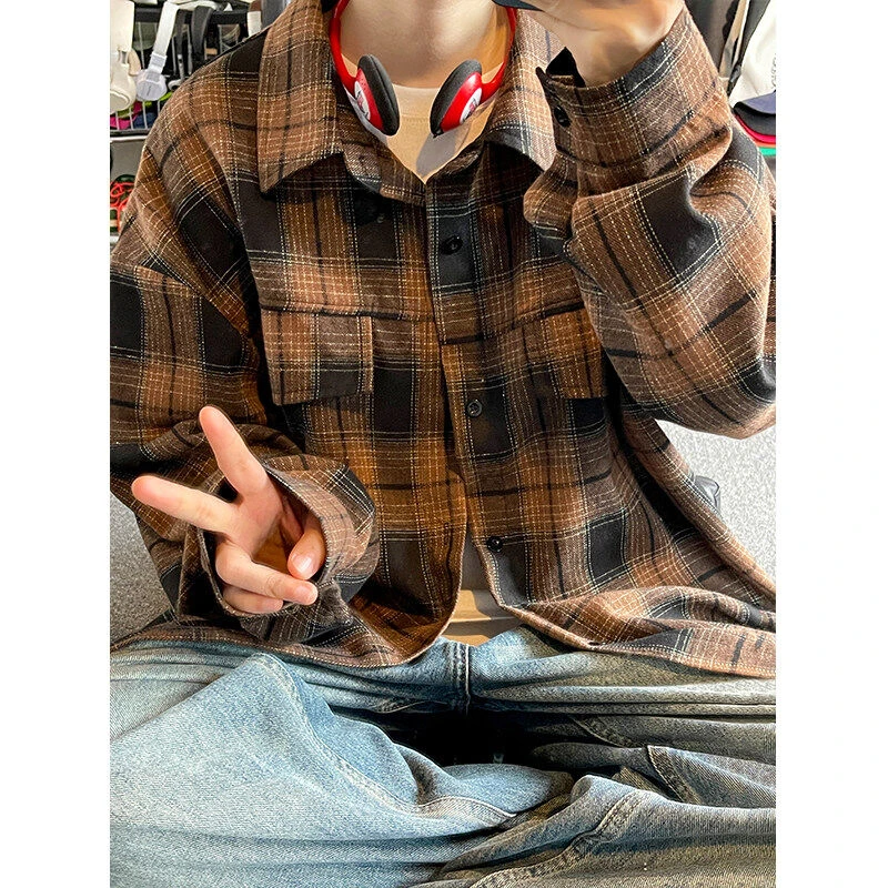 春季美式复古格子长袖衬衫男女中性宽松衬衣百搭格纹