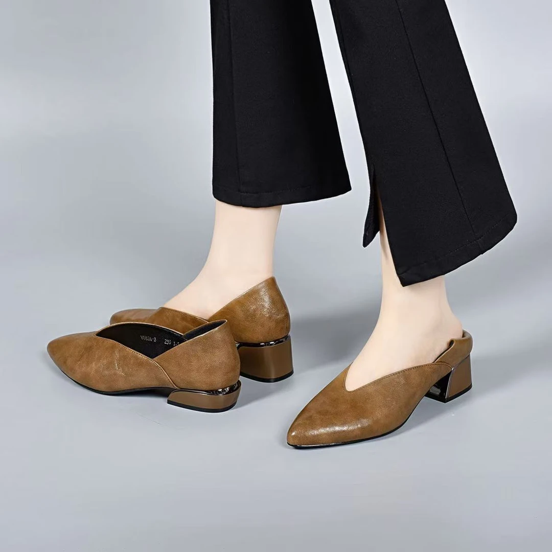 春夏一脚蹬牛皮软皮软底单鞋女士真皮平底尖头气质通勤鞋时尚百搭