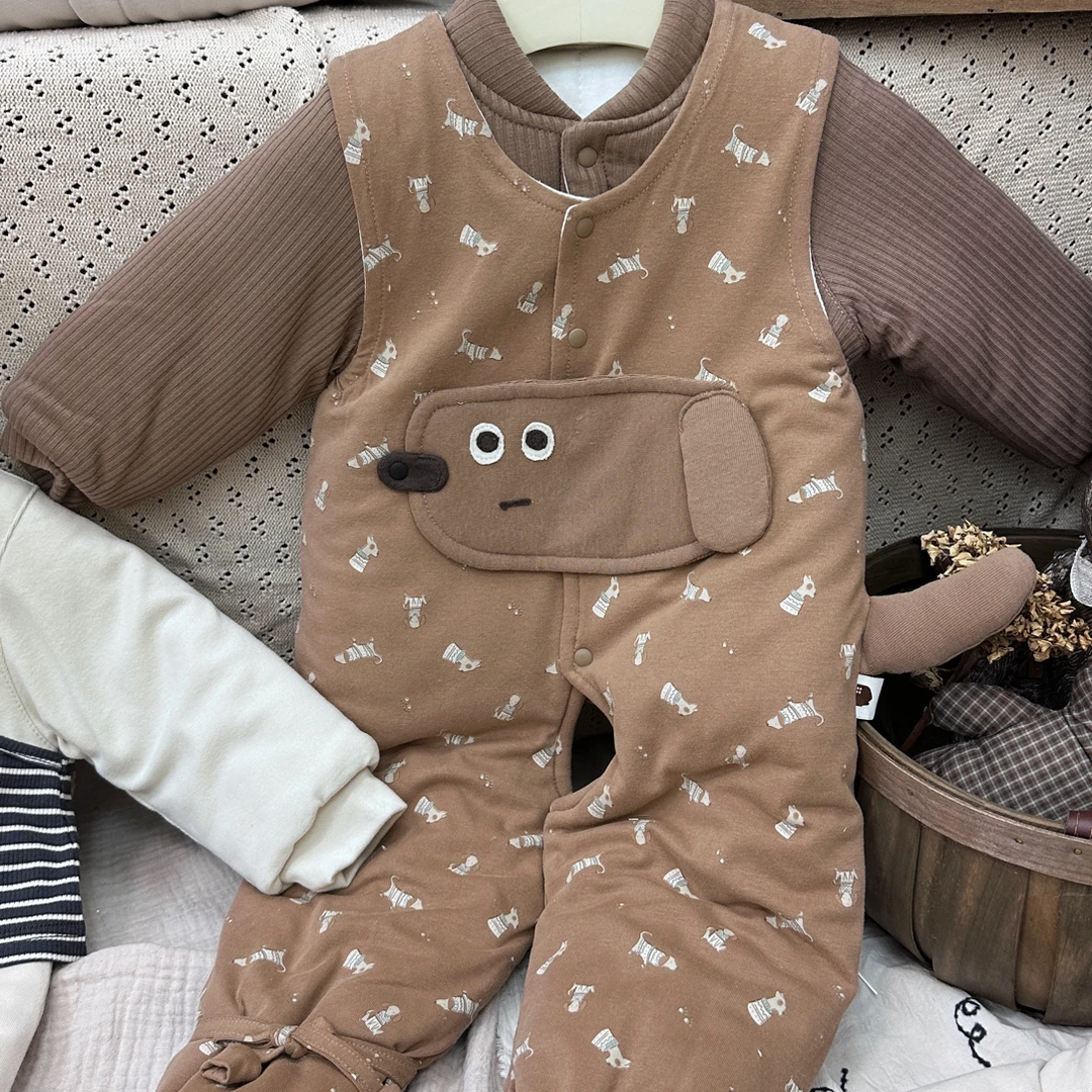 小温暖400克手工棉花衣冬装婴儿加厚男女宝闭裆条纹爬服哈衣
