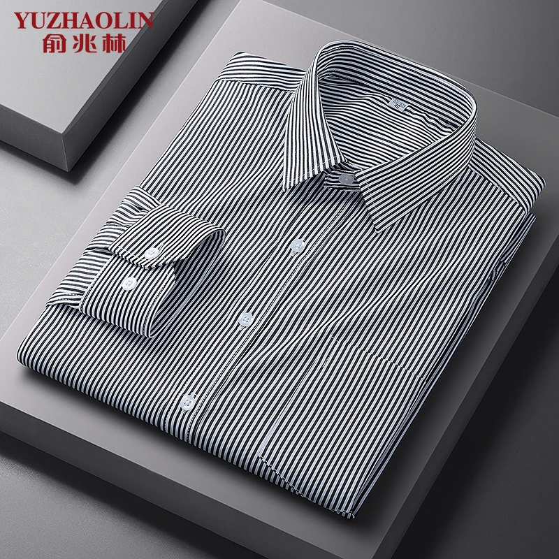 俞兆林时尚简约男款黑白色条纹长袖衬衫男士免烫抗皱潮流商务衬衣