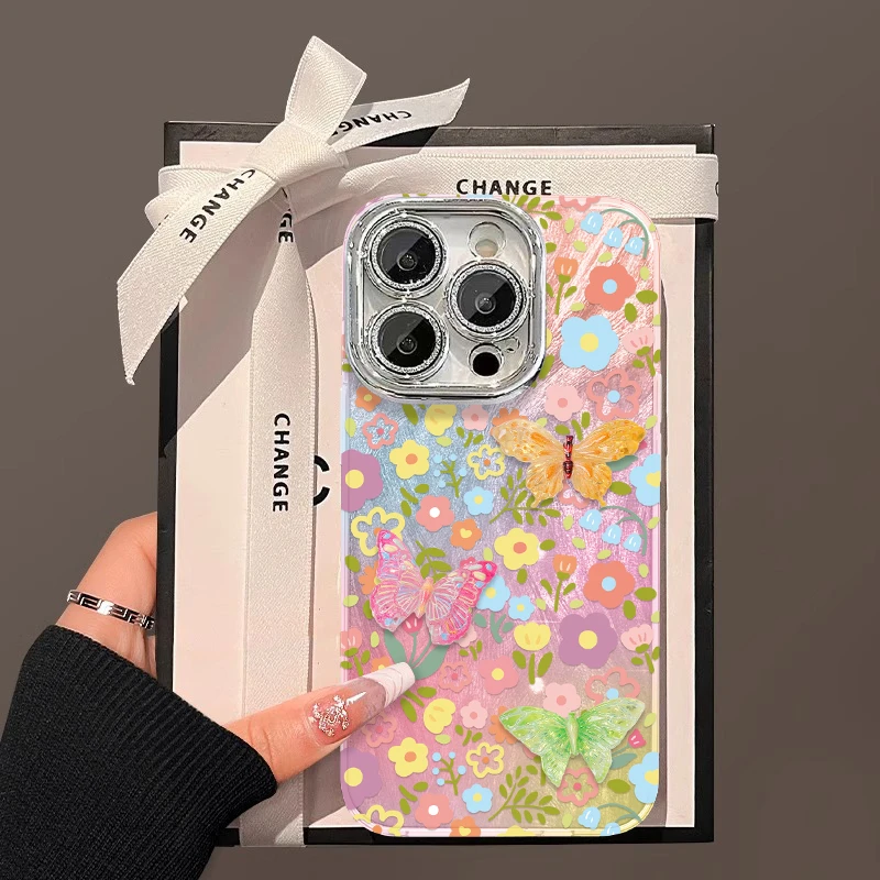 适用于苹果16满屏花蝴蝶手机壳oppo华为vivo流行可爱简约网红新款