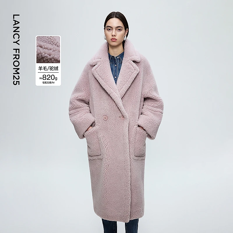 朗姿廓形摩登风毛呢外套慵懒风舒适气质颗粒大衣女2025年冬季新款