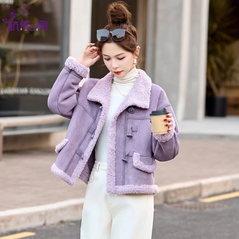 皮毛一体羊羔绒短外套女冬2024新款洋气加厚鹿皮绒机车服夹克上衣