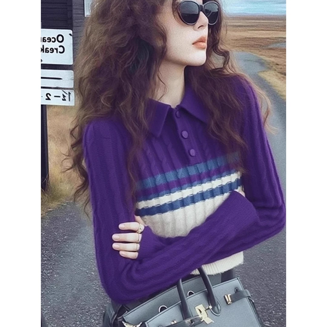 紫色软糯慵懒风polo领针织衫毛衣女秋冬内搭高级感超好看打底上衣