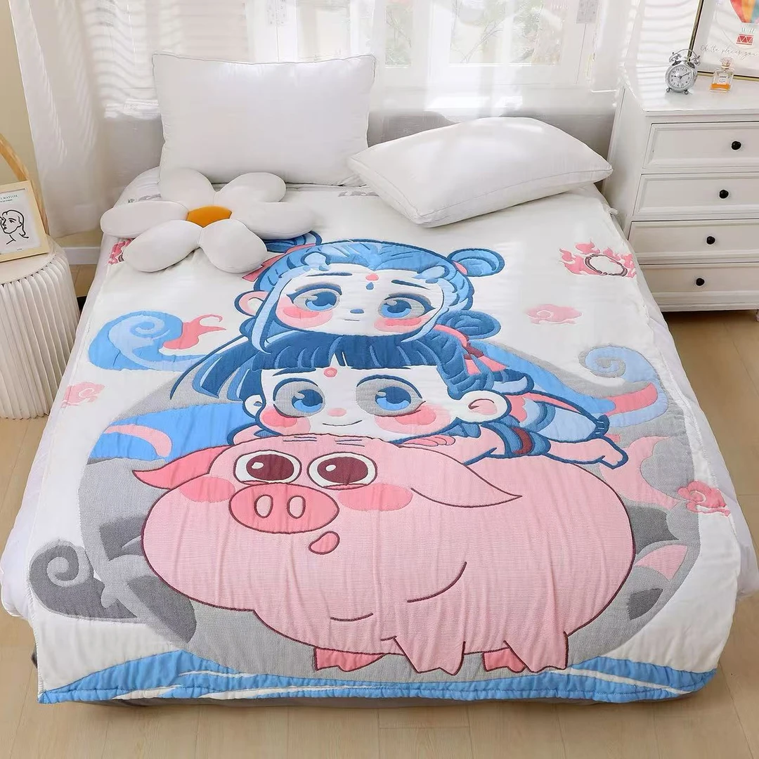 【骑猪哪吒】200*230cm亲肤可爱卡通柔软纱布泡芙被XH