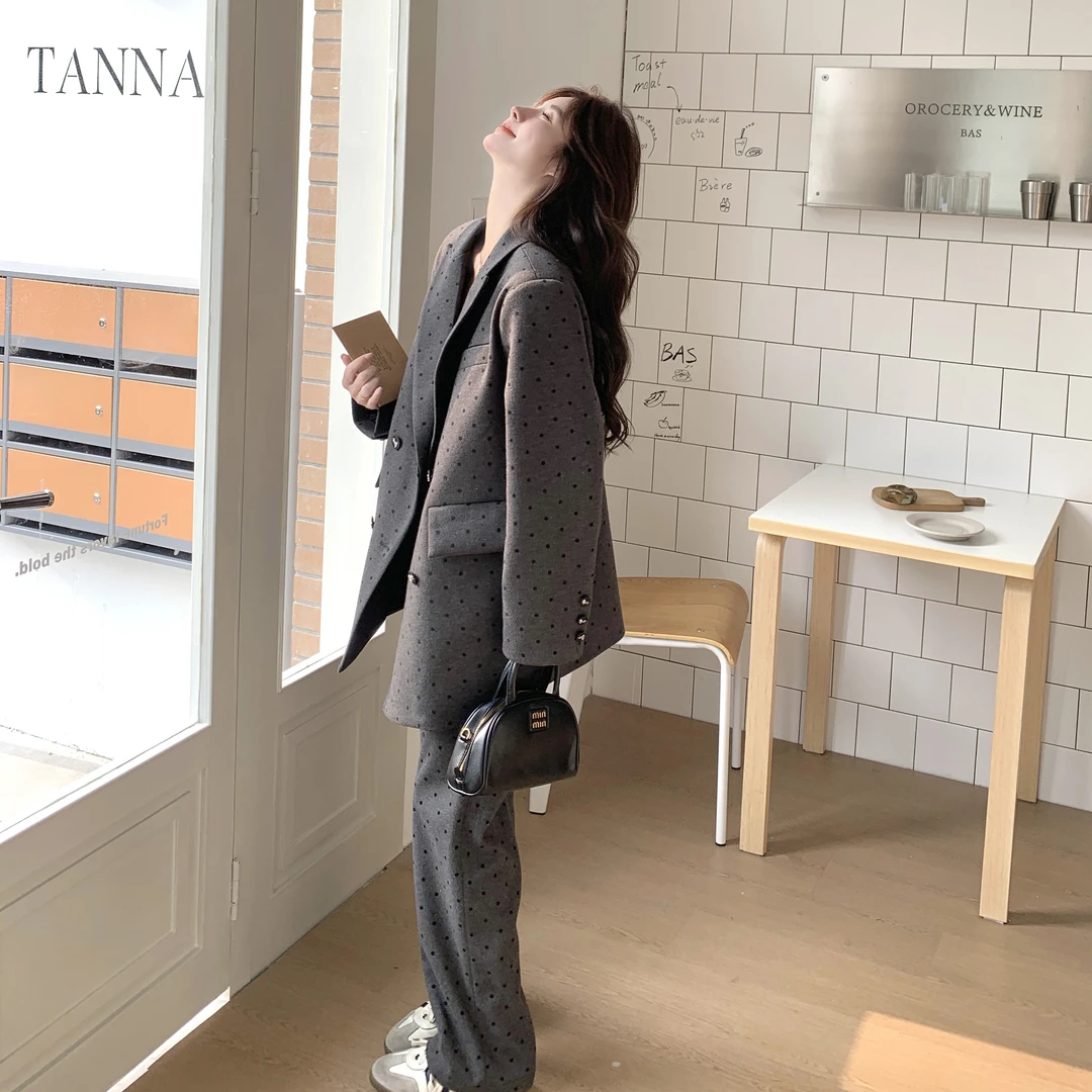高级感灰色波点西装套装女2025春季新款韩版宽松休闲职业装两件套