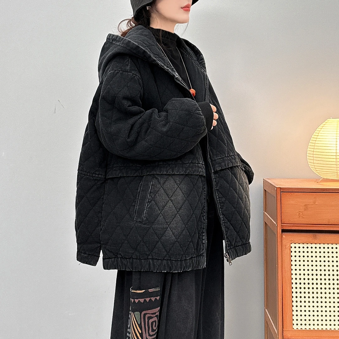 8251新款加厚秋冬简约百搭休闲气质连帽棉衣牛仔棉服