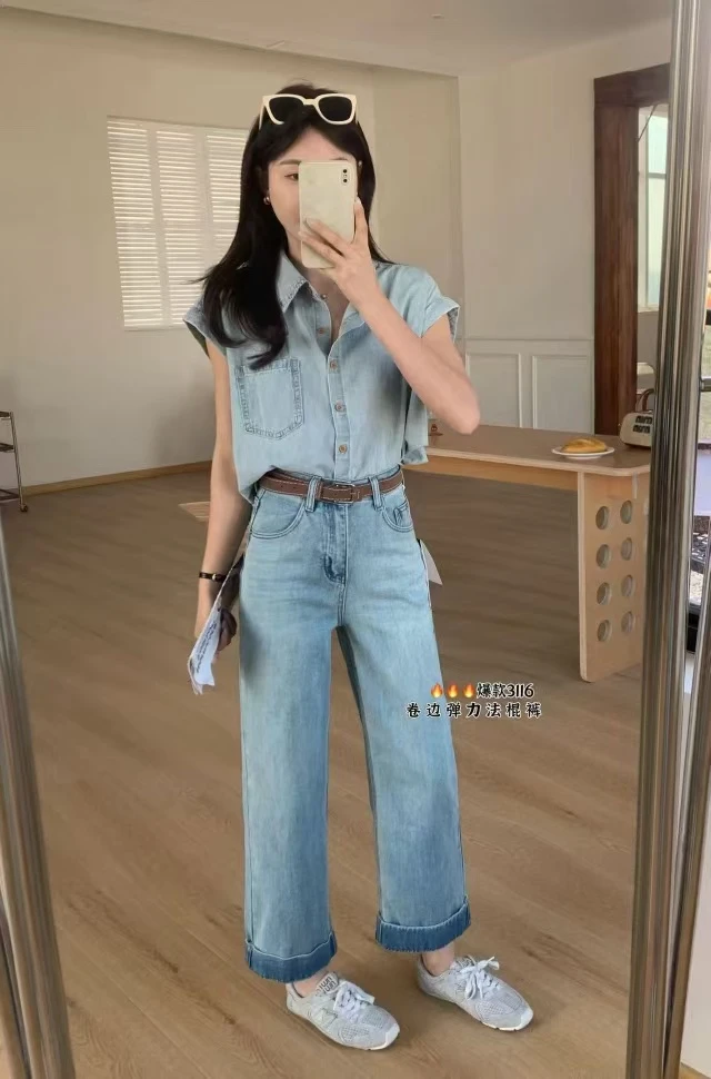 【HMZ 3116】休闲高腰牛仔显瘦卷边弹力法棍裤