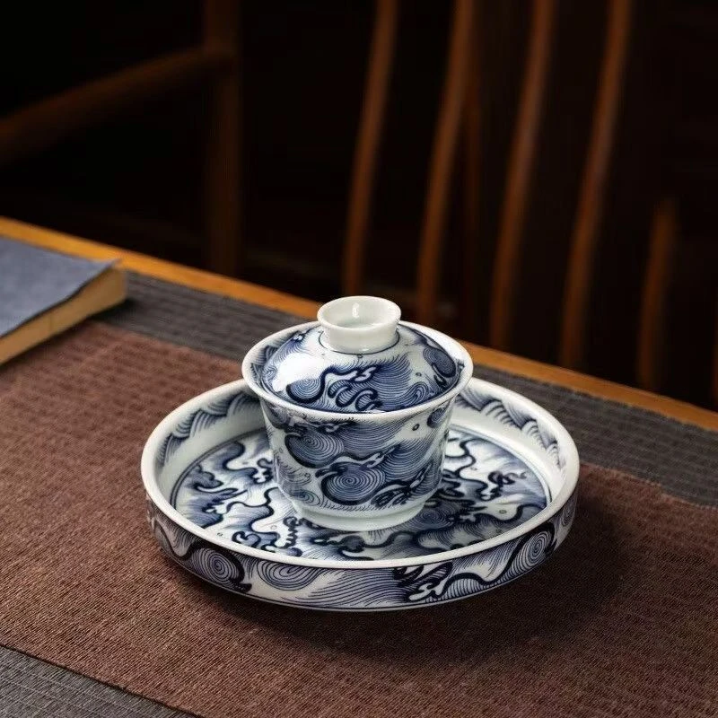 复古青花海浪马蹄三才盖碗（简装）-焱匠堂