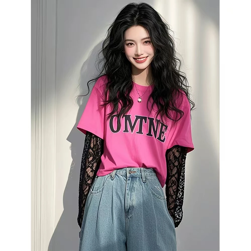 玫红色蕾丝拼接宽松打底衫上衣2025夏季新款开春穿搭高级感t恤女