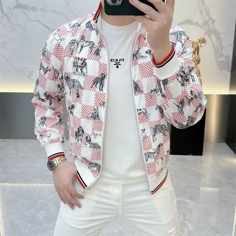 2025春季新款欧货潮牌男士立领夹克薄款数码印花时尚修身男外套