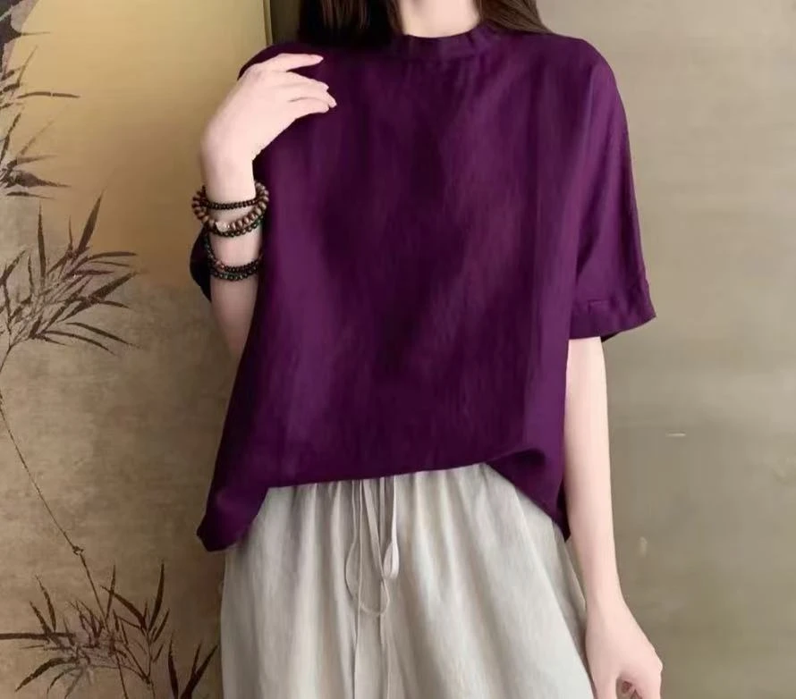 2025新款减龄文艺亚麻极简套头衬衫