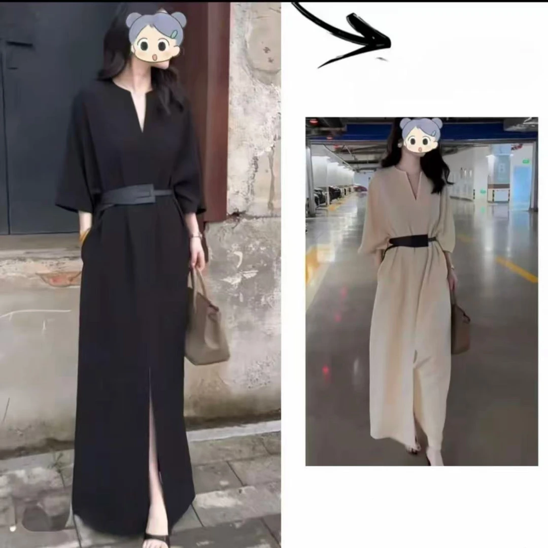 法式慵懒黑色V领高腰插肩袖秋季百搭女士连衣裙