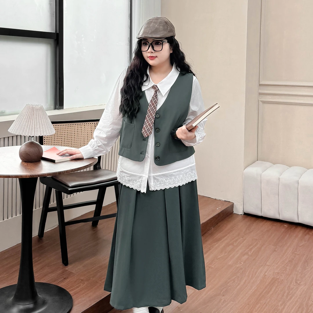 B2855大码女装【高级感学院风套装】秋季马甲长袖衬衫半身裙二件套