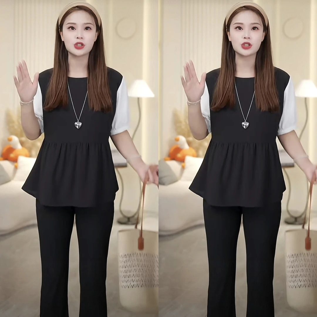 HUIZHIMEI/绘智美大码夏季新款洋气显瘦拼色设计感遮肚短袖小衫女