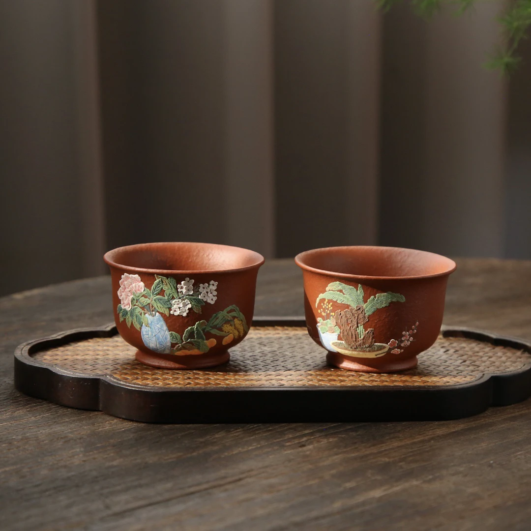 『泥绘清供杯 』原矿粗生砂老朱泥 90CC 见