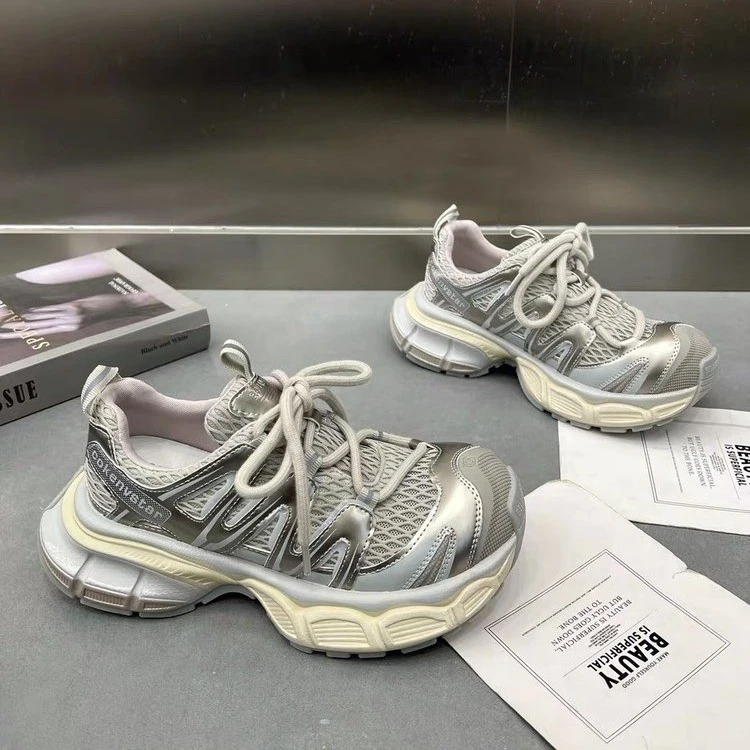 2025夏季新款老爹鞋女真皮厚底透气网面时尚轻便绑带运动休闲鞋女