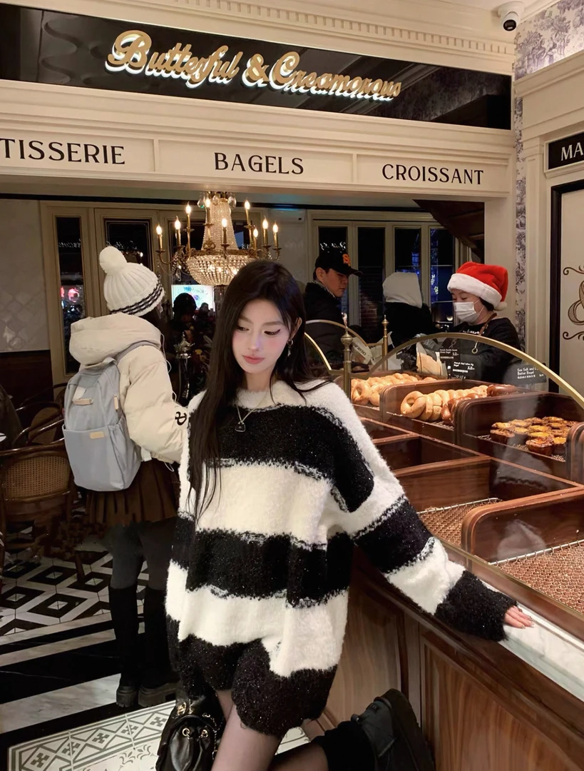 2025SS毛针织衫时尚条纹冬季慵懒风加厚针织圆领宽松上衣