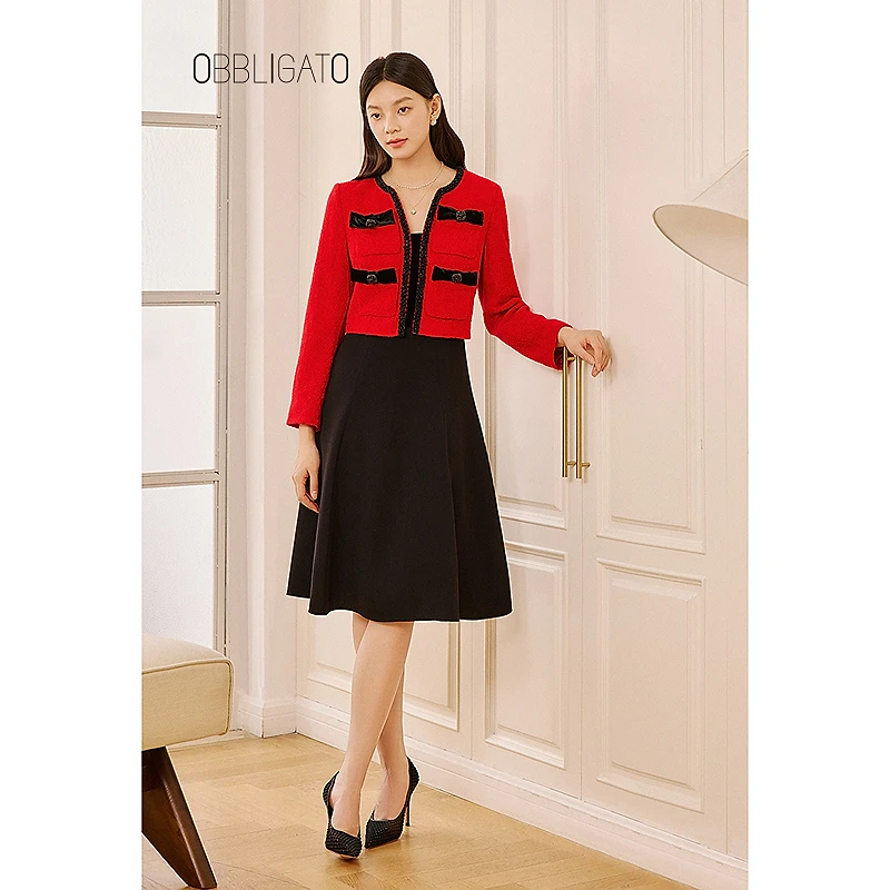 OBBLIGATO奥丽嘉朵1C65105020专选2025春季新品花纱假两件连衣裙