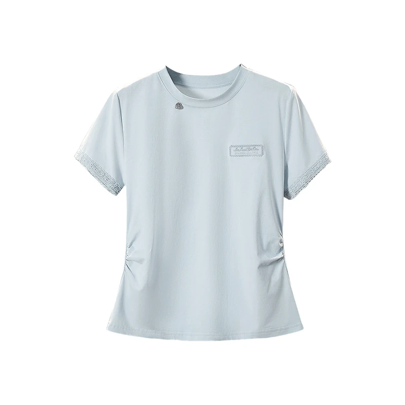 她池2025夏季新款女装休闲圆领正肩修身捏褶短袖T恤T52X2230T