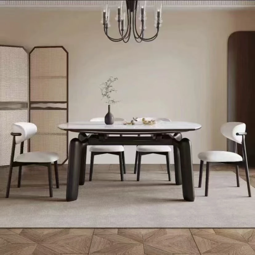 大象腿北欧新款高端轻奢简约家用岩板餐桌伸缩方圆两用餐桌多功能