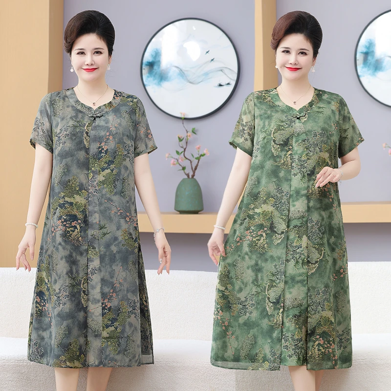 230斤特大码胖妈妈装宽松显瘦复古中式连衣裙中老年女装短袖裙子