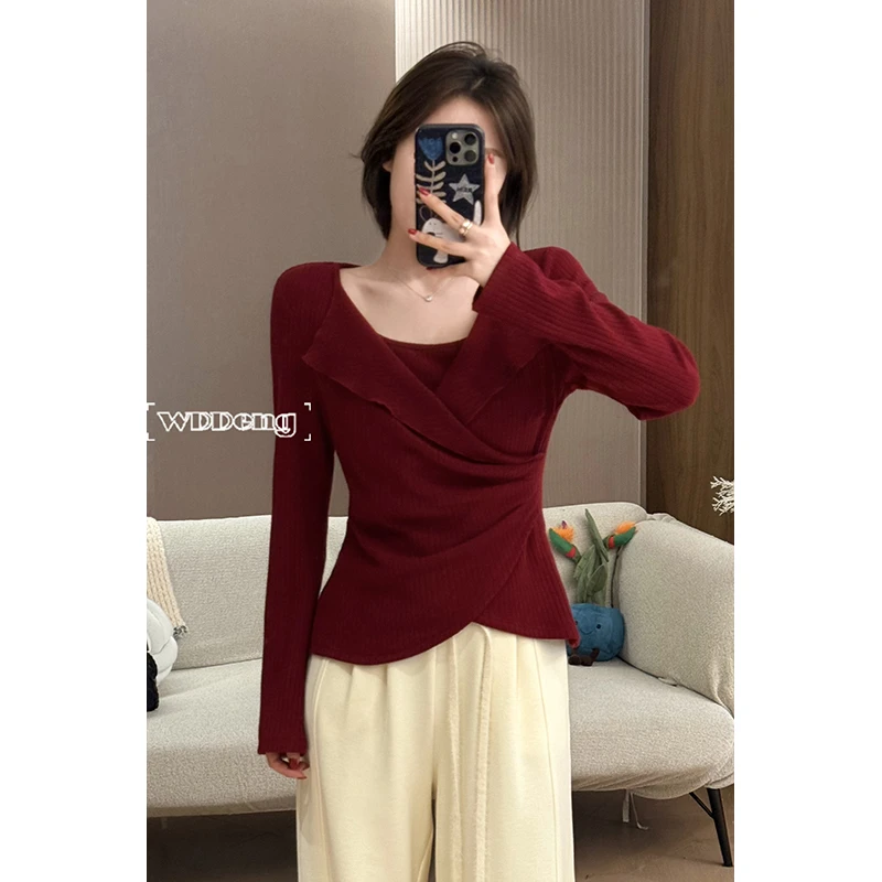 王等等【热红酒】春季花边假两件时尚百搭长袖针织上衣U224D20774