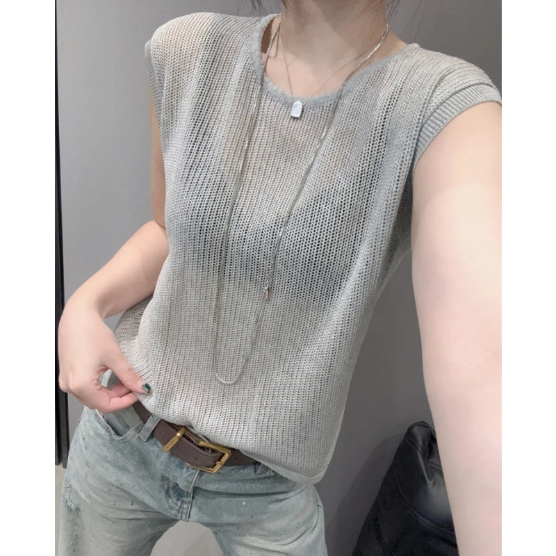 镂空罩衫无袖背心女冰丝针织衫欧货洋气显瘦宽松叠穿微透上衣夏季