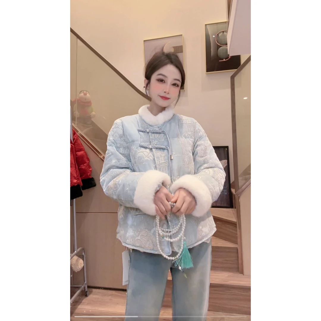 晚舟-蓝色新中式毛绒盘扣保暖羽绒服女冬超好看国风厚外套