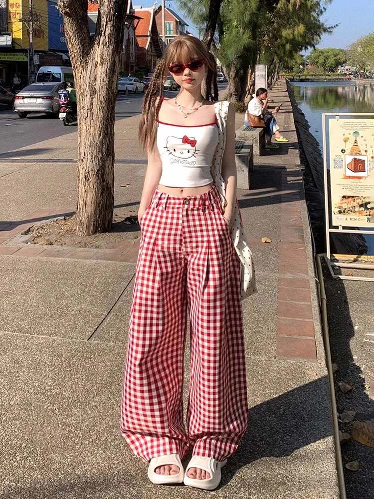 复古红色格子裤子女2025年春季新款撞色休闲裤显瘦宽松直筒阔腿裤