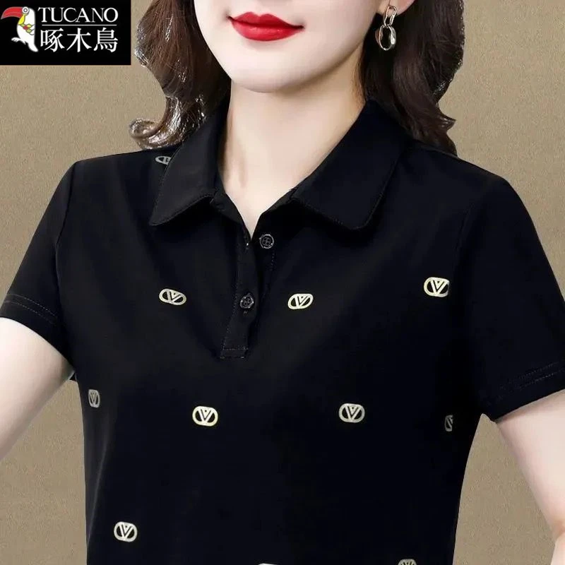 啄木鸟2025年新款气质POLO领T恤女显瘦夏季短袖印花运动潮流上衣